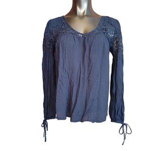 Hinge Women's  Navy Long Sleeve Laced Yoke Neck Blouse Small